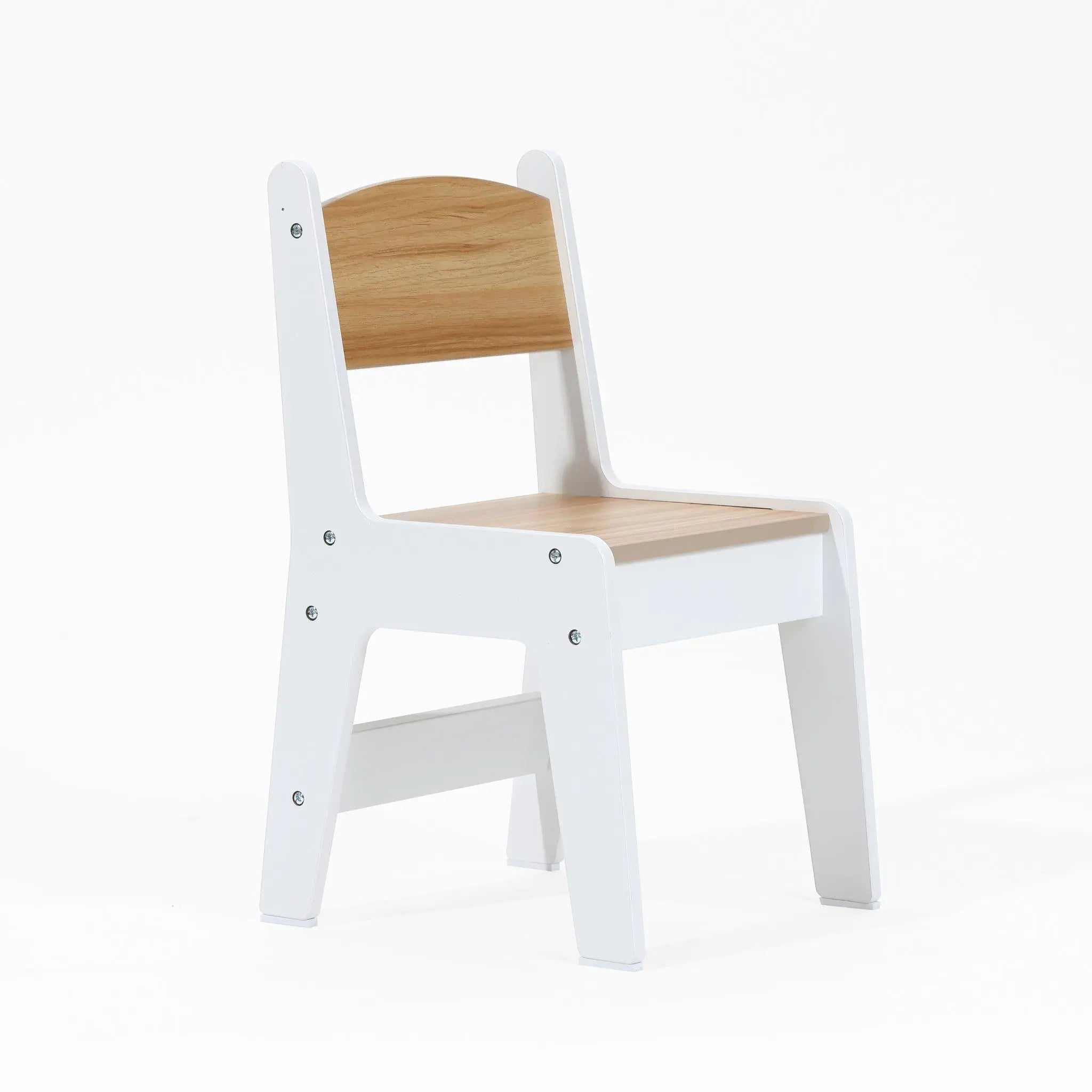 Explore the versatile Children Play Table with Bookcase and 2 Chairs Set by LuxenHome, featuring a modern design with a natural wood seat and backrest complemented by sturdy white sides. Ideal for pairing with a study desk or arts and crafts table, it combines style and functionality.