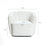 The Amber ivory boucle swivel barrel accent chair by LuxenHome is a plush white upholstered piece featuring a rounded back, armrests, and cushioned seat. It measures 34.6 wide, 27.2 tall with a 19.7 seat width, 25.2 seat depth, and 15.4 seat height for cozy comfort in any space.
.