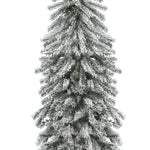 A close-up view of a tall, artificial Christmas tree with lifelike PVC branches and snow-frosted tips, set against a white background for a true winter wonderland feel.