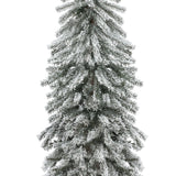 A close-up view of a tall, artificial Christmas tree with lifelike PVC branches and snow-frosted tips, set against a white background for a true winter wonderland feel.