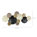 A Coastal Abstract metal wall decor piece featuring circular shapes in black, gray, gold, and cream. Dimensions: 47.25 inches wide, 23.23 inches high.