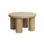This contemporary design coffee table features a round, flat surface crafted from manufactured wood, supported by four cylindrical legs with an elegant oak finish.