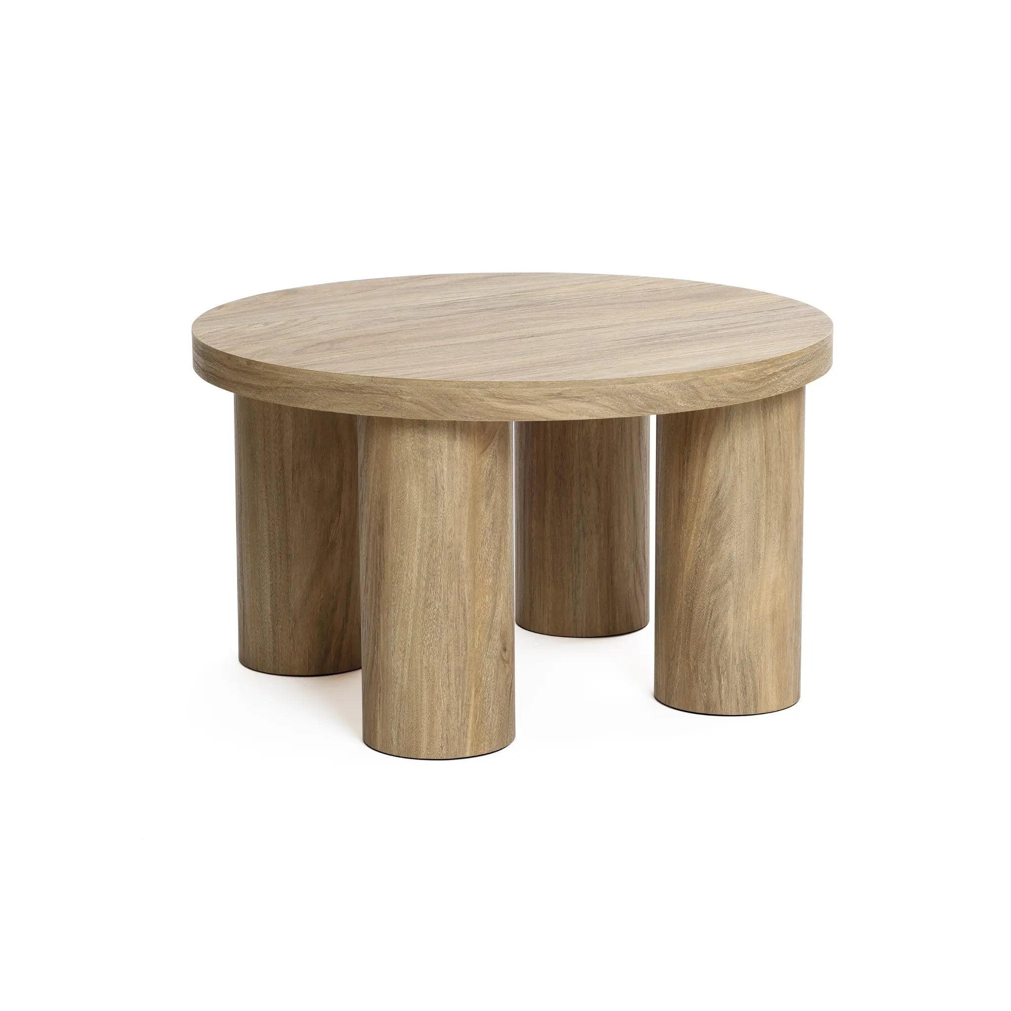 This contemporary design coffee table features a round, flat surface crafted from manufactured wood, supported by four cylindrical legs with an elegant oak finish.