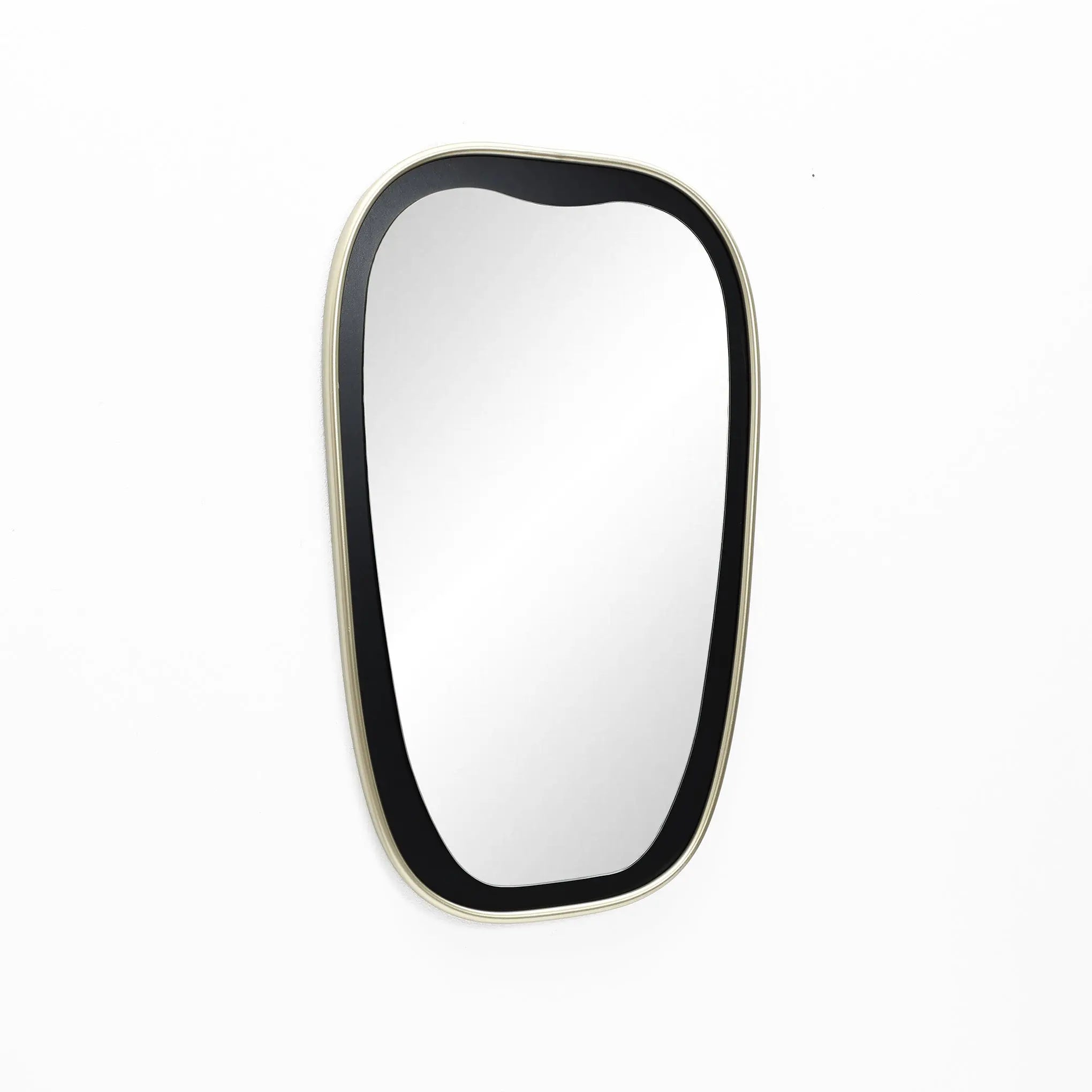 A contemporary mirror with an oblong shape and a thin, black frame beautifully adorns the white wall.