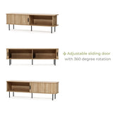 Oak TV stand with three configurations, featuring an adjustable sliding door and 360-degree rotation. Perfect for a 65-inch TV, its tambour doors add both style and versatility to any living space.