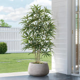 A large potted plant with narrow, pointed leaves stands on a patio, elegantly housed in a speckled off-white planter. A lawn and white fence create a serene backdrop, enhancing the minimalist design.