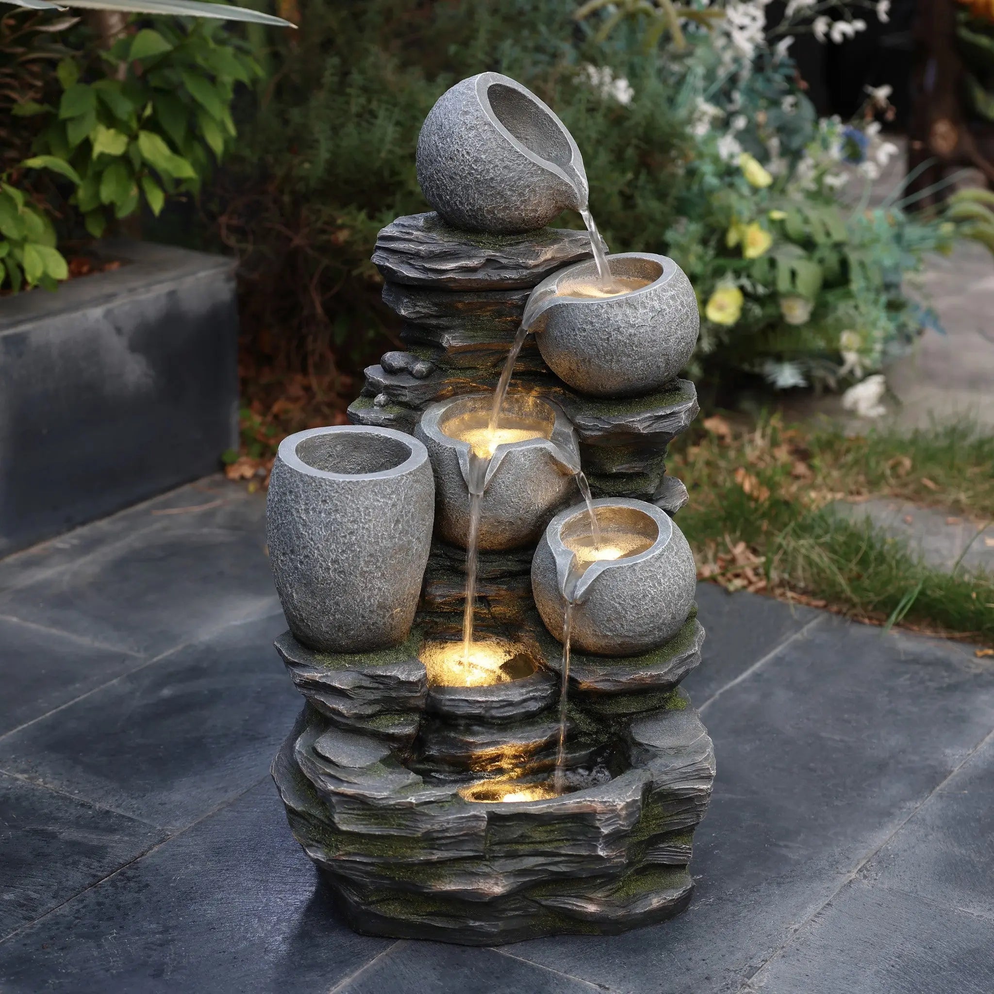 3-Tier Gray Pots on Stacked Rocks Polyresin Outdoor Water Fountain with Lights and Gray Side Planter - LuxenHome