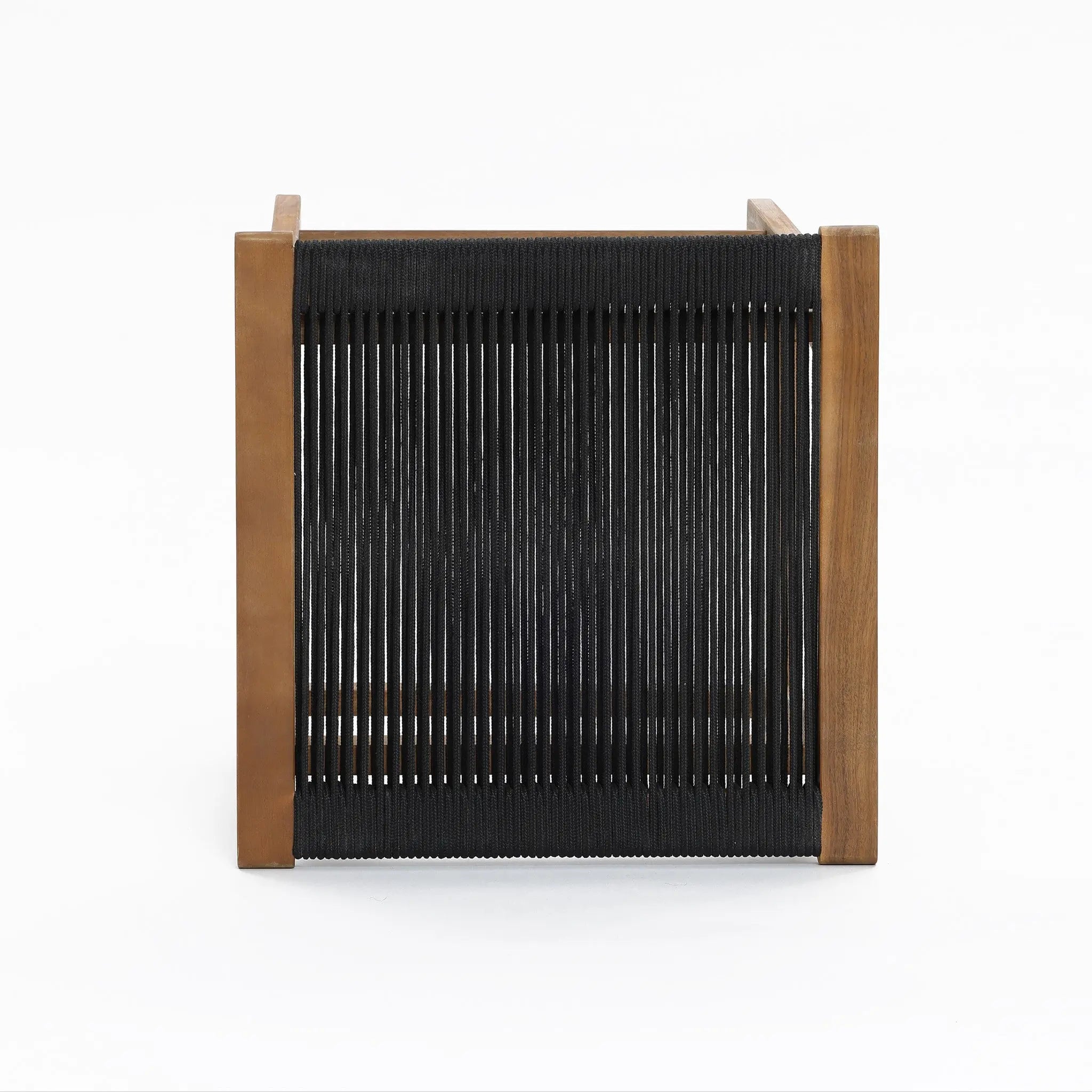 Crafted with FSC-certified acacia wood, this wooden-framed stool features tightly woven black cords for the seat. It stands elegantly against a plain white backdrop, showcasing its refined design and sustainability.