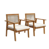 Two FSC-certified Outdoor Acacia Armchairs feature a striking rope back design and plush white cushions, all set against a crisp white background.