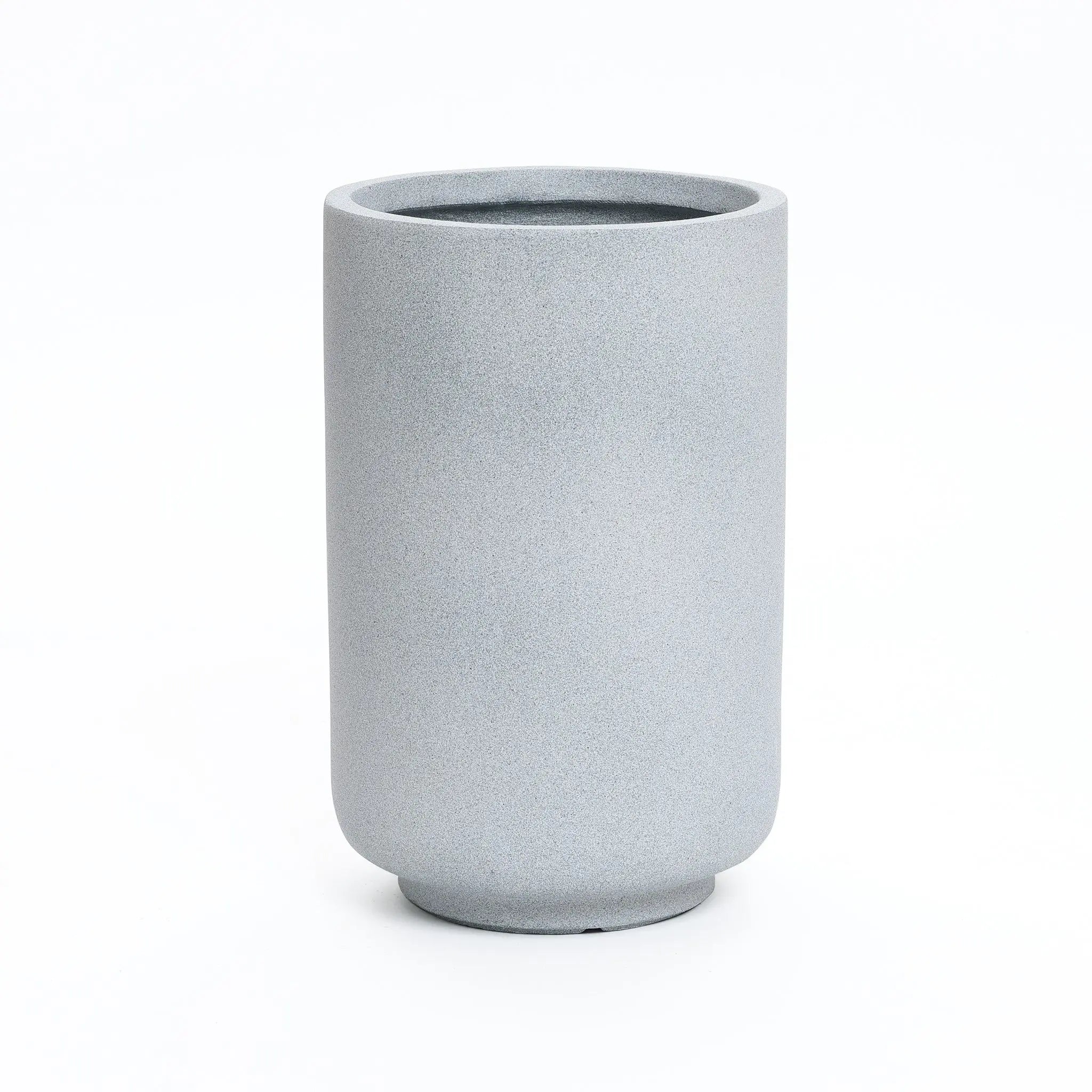 Gray, cylindrical ceramic vase with a smooth, matte finish on a white background, perfect for modern minimalist decor.