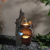 Rain barrel with tree and birds polyresin outdoor water fountains with light - LuxenHome