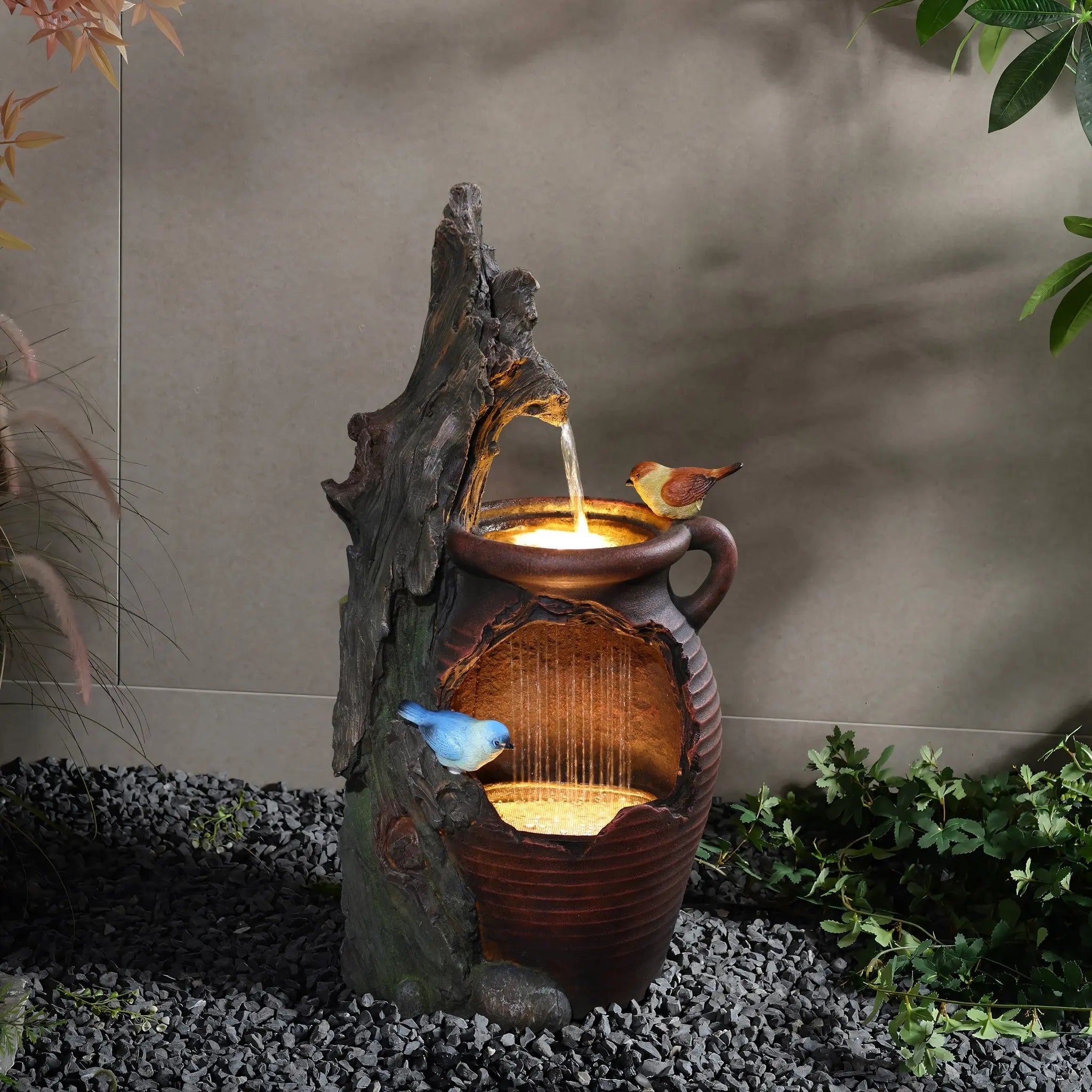 Rain barrel with tree and birds polyresin outdoor water fountains with light - LuxenHome