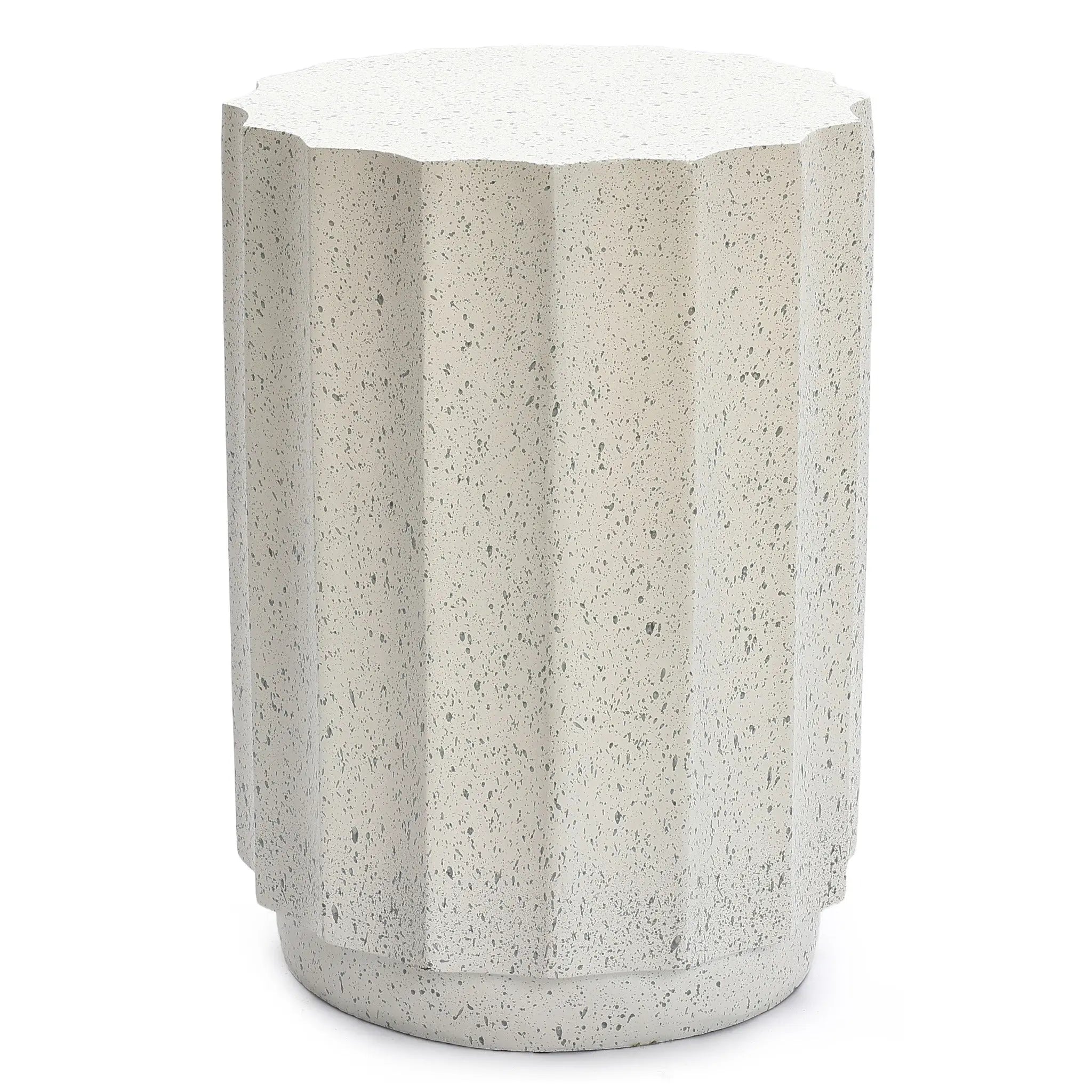 A white, cylindrical modern side table with a textured, fluted design and a speckled cement surface—perfect for stylish outdoor decor.