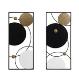This modern abstract wall decor features a two-piece set of rectangular metal art, adorned with black, white, and gold textured circles connected by thin curved lines.