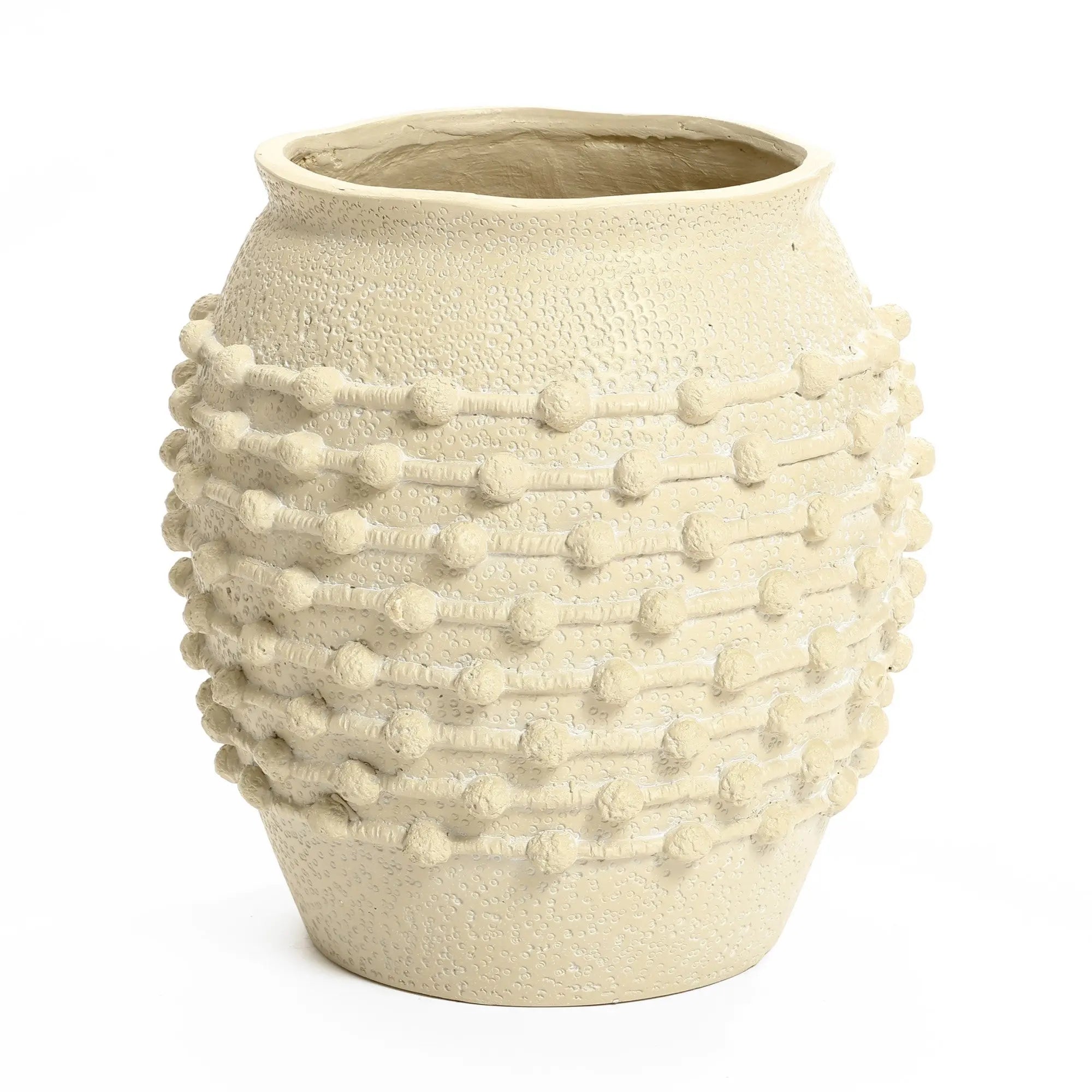 A boho planter featuring textured detailing and raised circular patterns around the middle section, perfect for adding charm to your outdoor space.