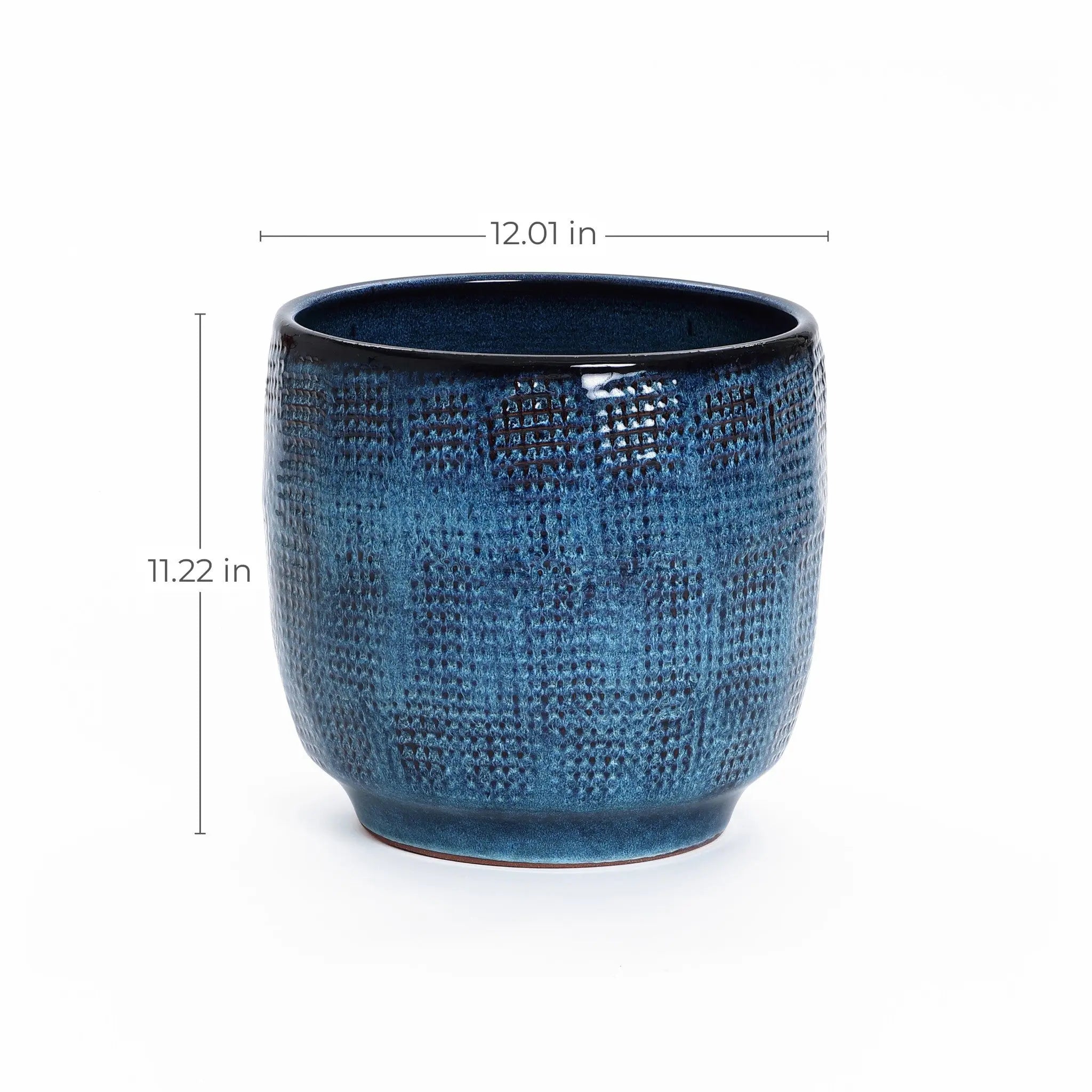 The LuxenHome Ocean blue glazed round ceramic planter features a glossy, gradient blue finish with a diameter of 12.01 inches and a height of 11.22 inches.