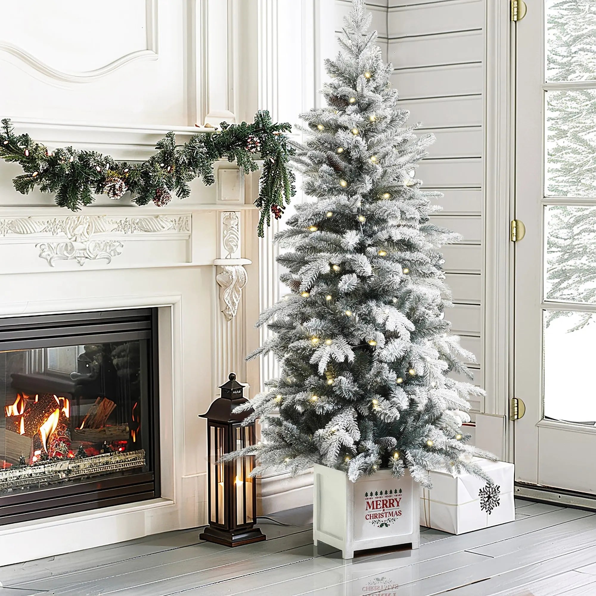 pre dressed christmas tree LuxenHome 5Ft Pre-Lit Snow Flocked Full Pine Potted Artificial Christmas Tree