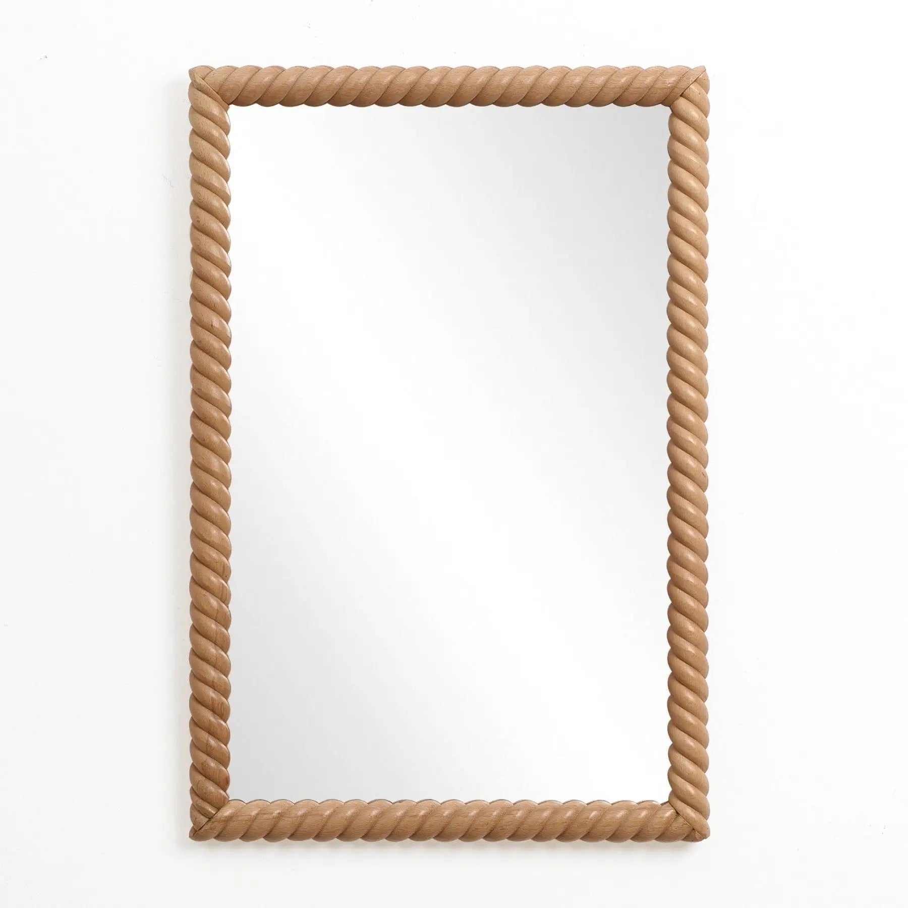 This decorative wall mirror features a natural beech wood rope-style frame, adding a touch of elegance to any space against its white background.