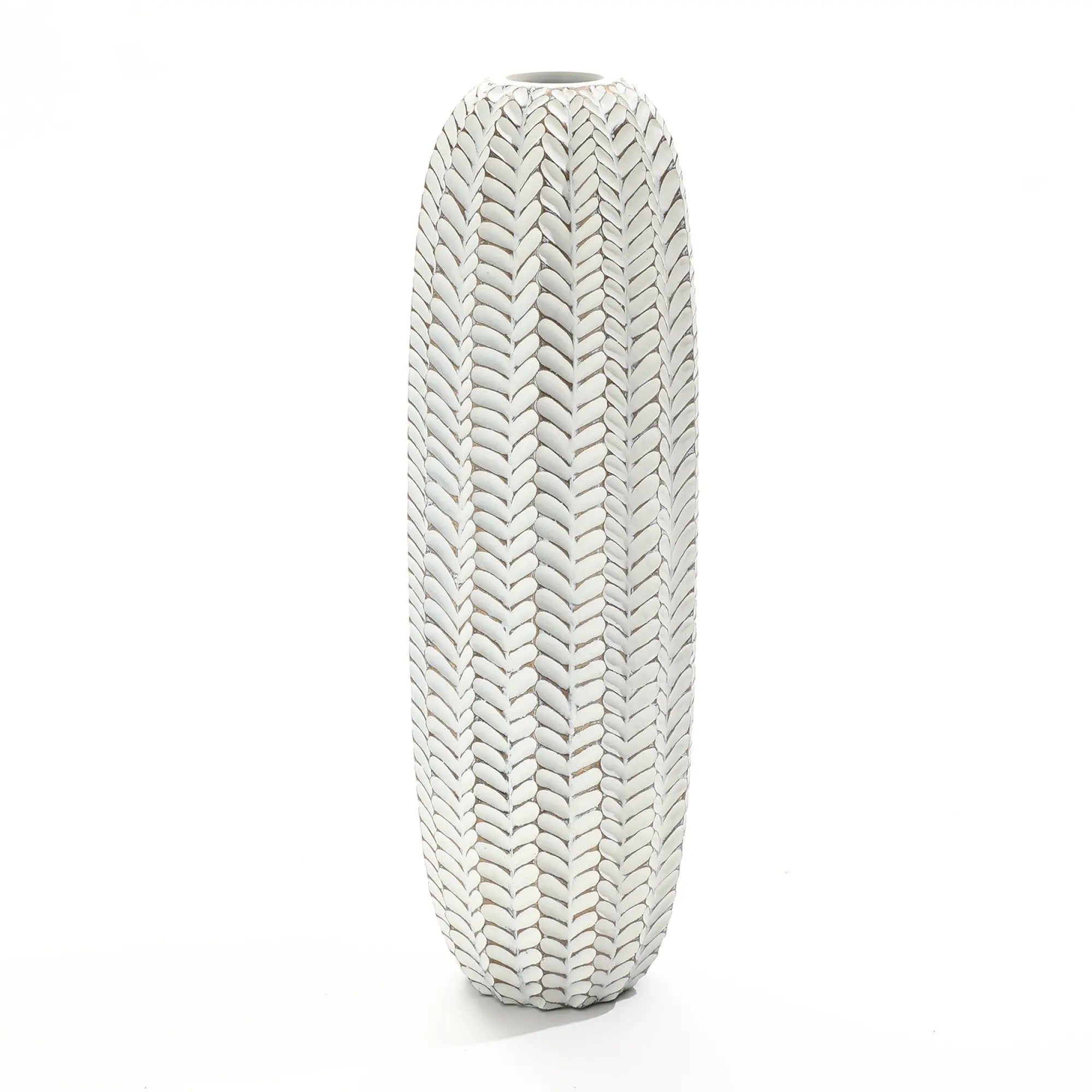 The LuxenHome Modern Geometric Pattern Resin Tall Vase, 25 h, features a sleek design with textured herringbone and subtle geometric leaf patterns set against an elegant white background.