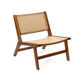 This mid-century modern wooden chair features a woven cane backrest and seat with angled legs, offering a minimalist design. Perfect as an indoor accent chair, its natural plastic rattan elements blend seamlessly with any decor.
