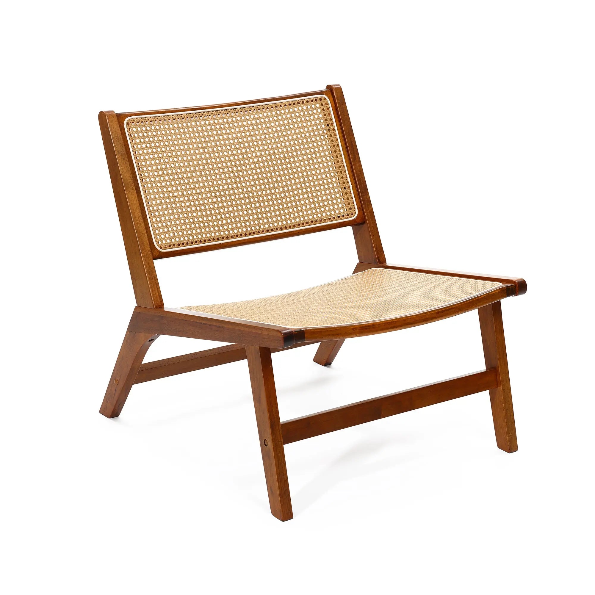 This mid-century modern wooden chair features a woven cane backrest and seat with angled legs, offering a minimalist design. Perfect as an indoor accent chair, its natural plastic rattan elements blend seamlessly with any decor.