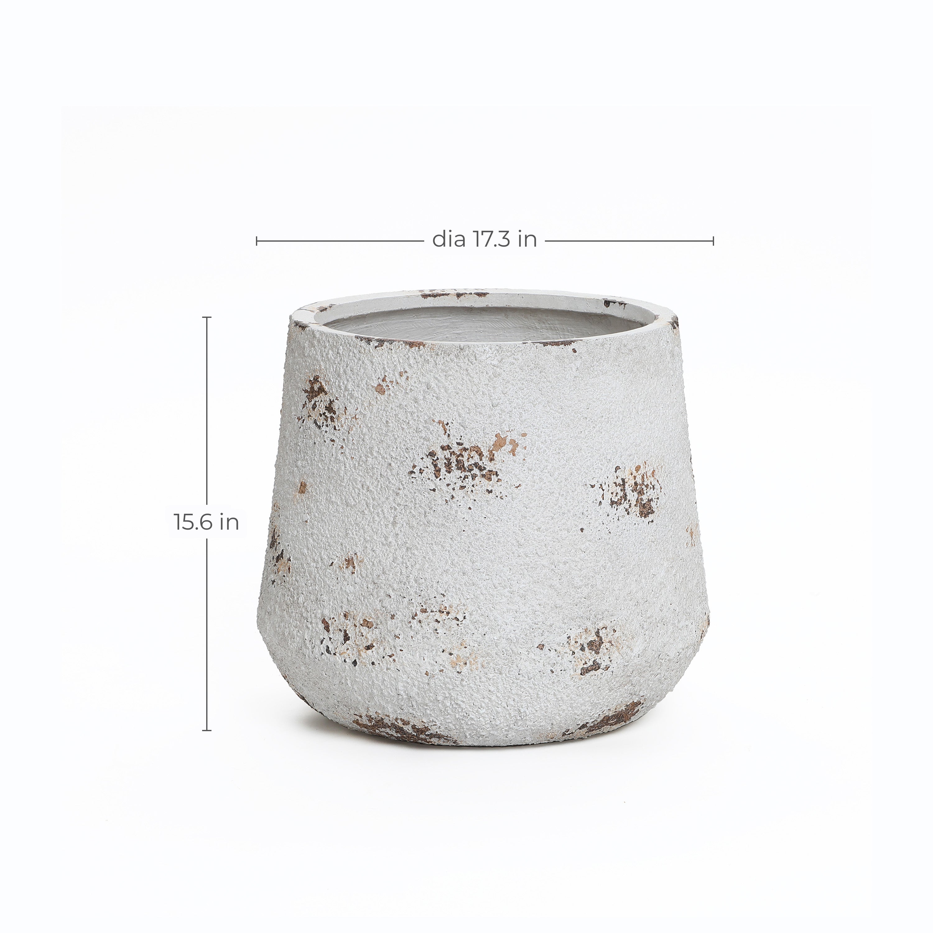 A textured, weathered gray pot crafted from MgO material, boasting a diameter of 17.3 inches and height of 15.6 inches, set against a plain background for a vintage minimalist style charm.