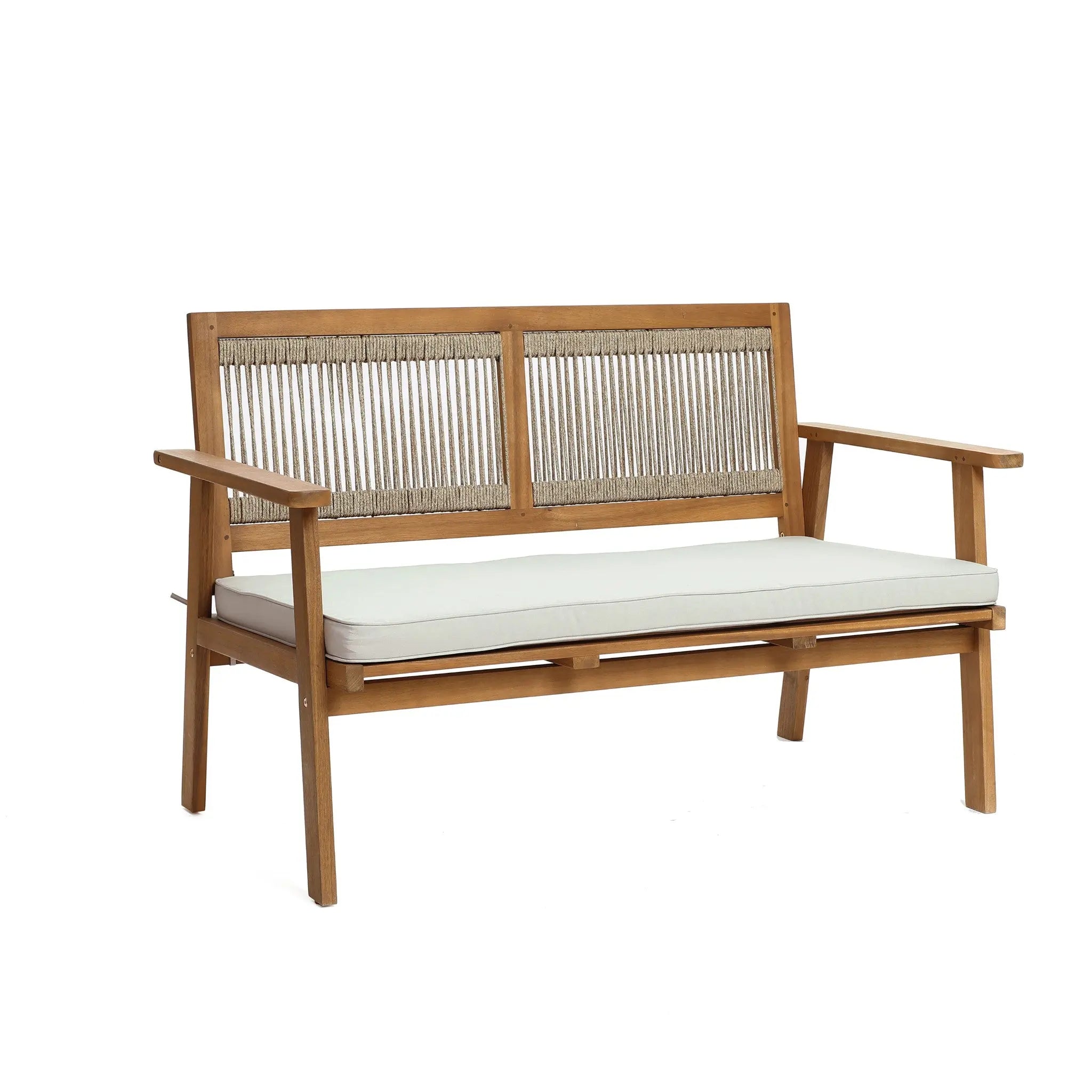 Crafted from FSC-certified Acacia wood, this wooden bench boasts a slatted backrest and woven accents, complemented by a white cushion on the seat. Perfect for outdoor furniture enthusiasts who appreciate minimalist design.