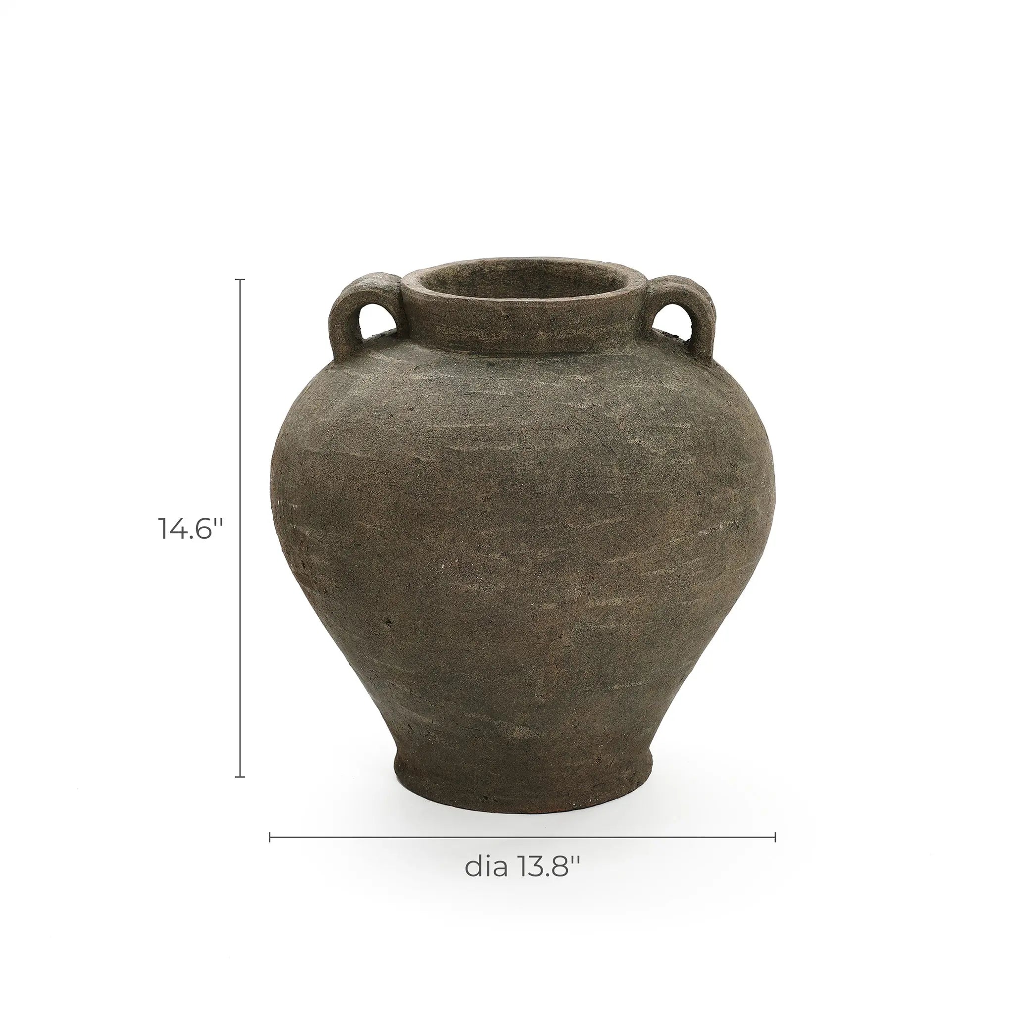 The LuxenHome Rustic Brown Terracotta Cauldron Vase, standing 14.6 inches tall with a 13.8-inch diameter, features an ancient earthy texture and two handles near the rim. Its a perfect piece of natural elegance for home decor.