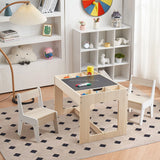 A cozy playroom features a LuxenHome Drawing and Activity Board Children Table with two chairs on a patterned rug. Shelves hold toys, books, and a colorful wheel decorates the wall. A plush cloud pillow rests on a white chair. Soft lighting enhances the smart storage space.