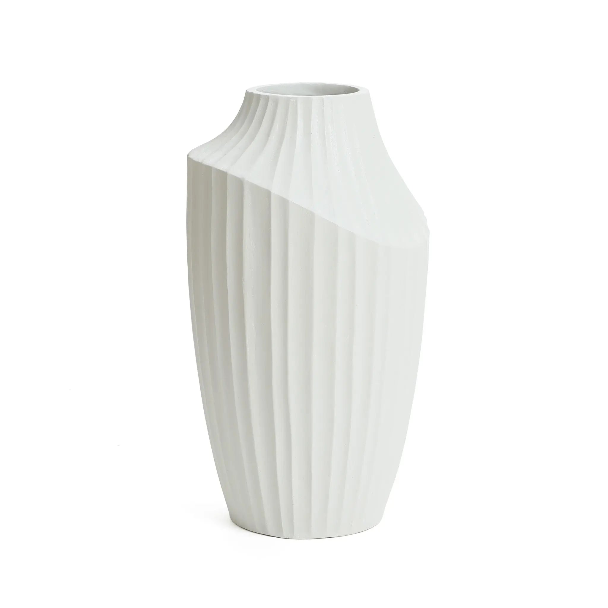 White ceramic vase with a fluted texture and a slanted top opening, resembling a modern abstract sculpture vase. This decorative piece is ideal for contemporary home decor, set elegantly against a plain white background.
