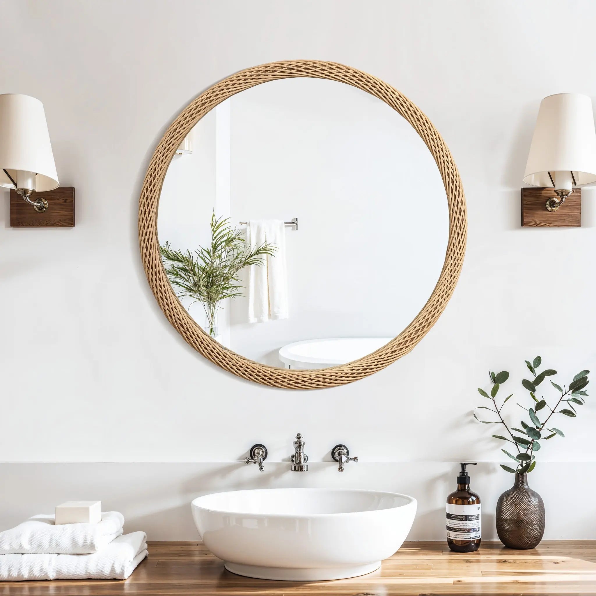 A minimalist bathroom features a circular design with a decorative mirror flaunting a wicker frame, flanked by two wall sconces. Below is a white vessel sink on bamboo wood counter adorned with a plant and soap dispenser.