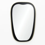 A contemporary mirror with an oblong shape and a black-and-gold frame graces a white wall.