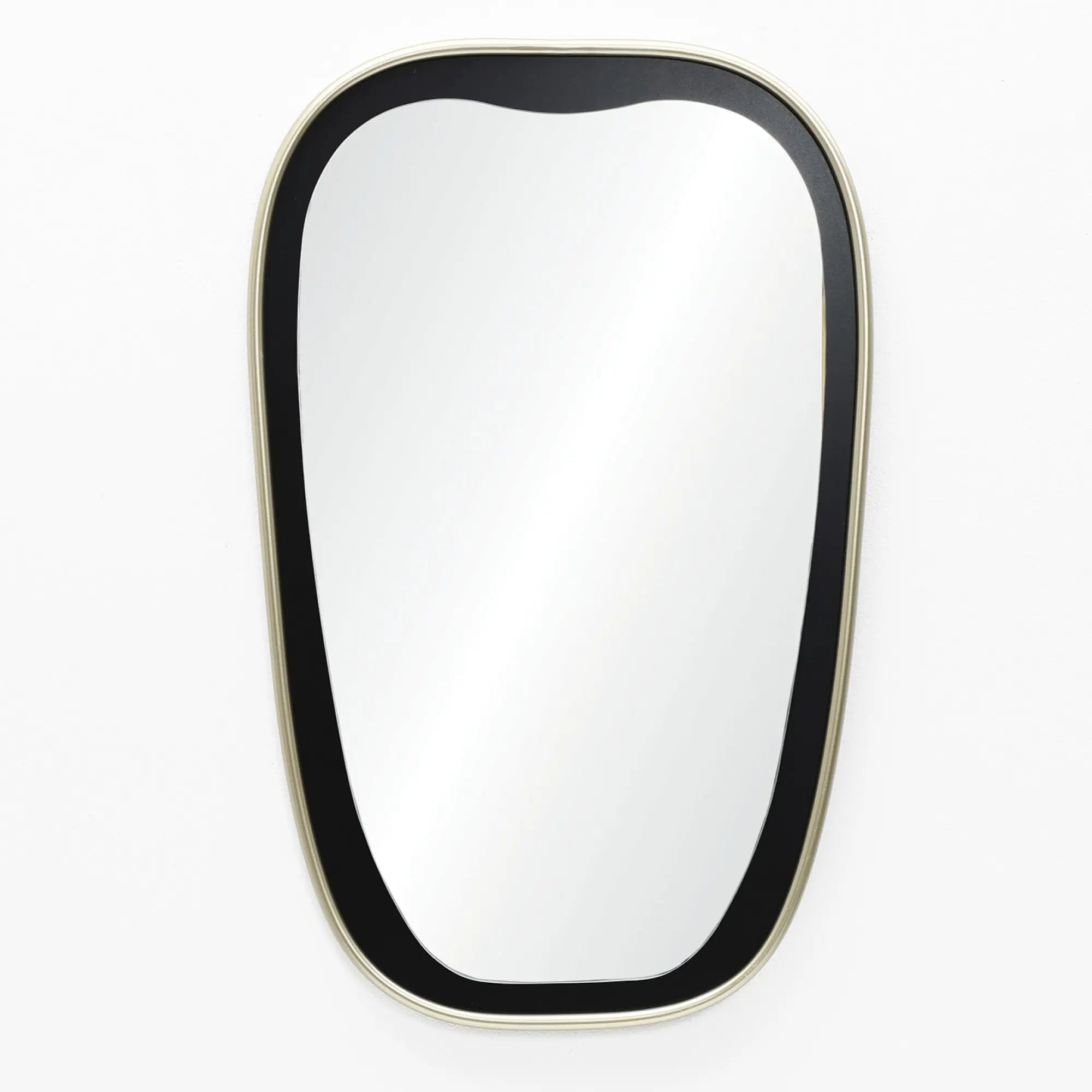 A contemporary mirror with an oblong shape and a black-and-gold frame graces a white wall.