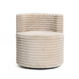 The Brie camel swivel barrel accent chair by LuxenHome features a beige, round design with a ribbed, textured seat and backrest. It provides ergonomic seating in a modern, minimalist style with a neutral tone on a white background.