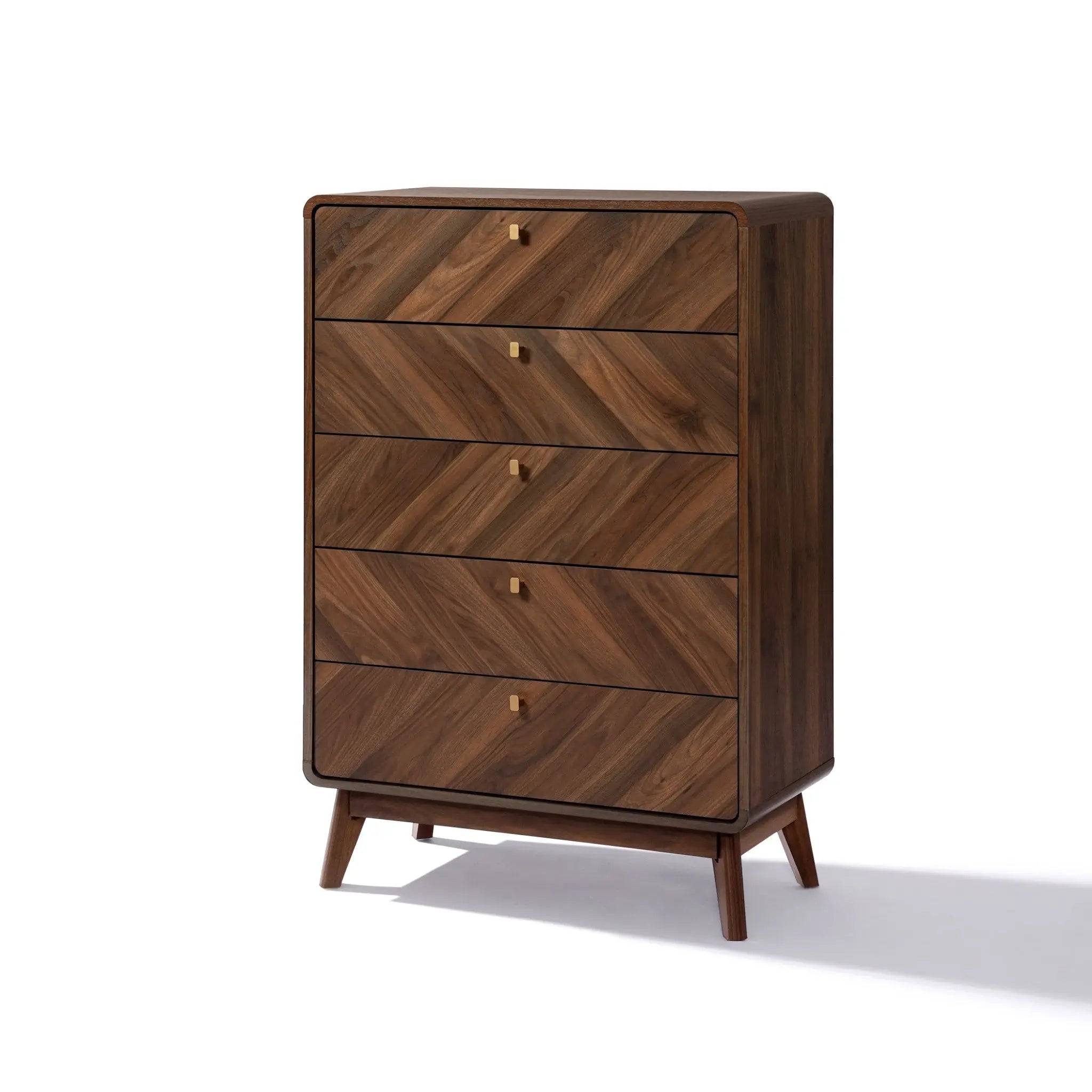 The LuxenHome Theo chest boasts a walnut finish with a herringbone pattern and brass handles. This mid-century modern piece features five drawers and stands on tapered legs, offering a stylish vertical dresser that enhances any rooms decor.