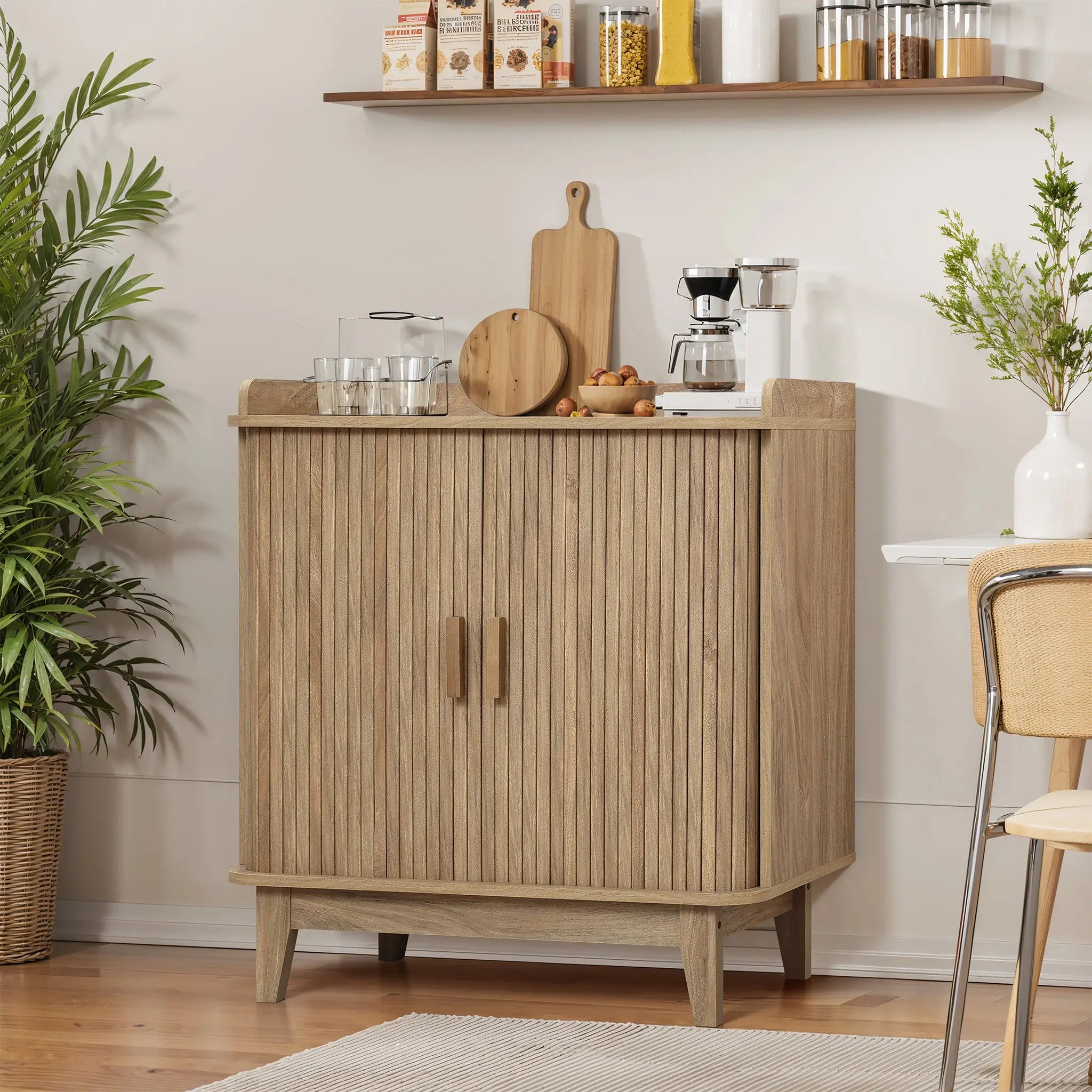 Fluted tambour door oak finish storage cabinet with tray top - LuxenHome