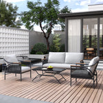 Modern outdoor patio featuring an outdoor seating set with a sofa, two chairs adorned with removable waterproof cushions, and a table on a wooden deck. A tree and plants create a lush backdrop, while a sliding glass door offers easy access inside.