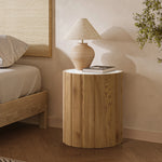 Marko wood grain round end table with faux marble top - LuxenHome