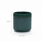 The Jade green ribbed glazed round ceramic planter by LuxenHome features a 13 height and a modern translucent green hue, adding charm to any space with its elegant cylindrical design.
