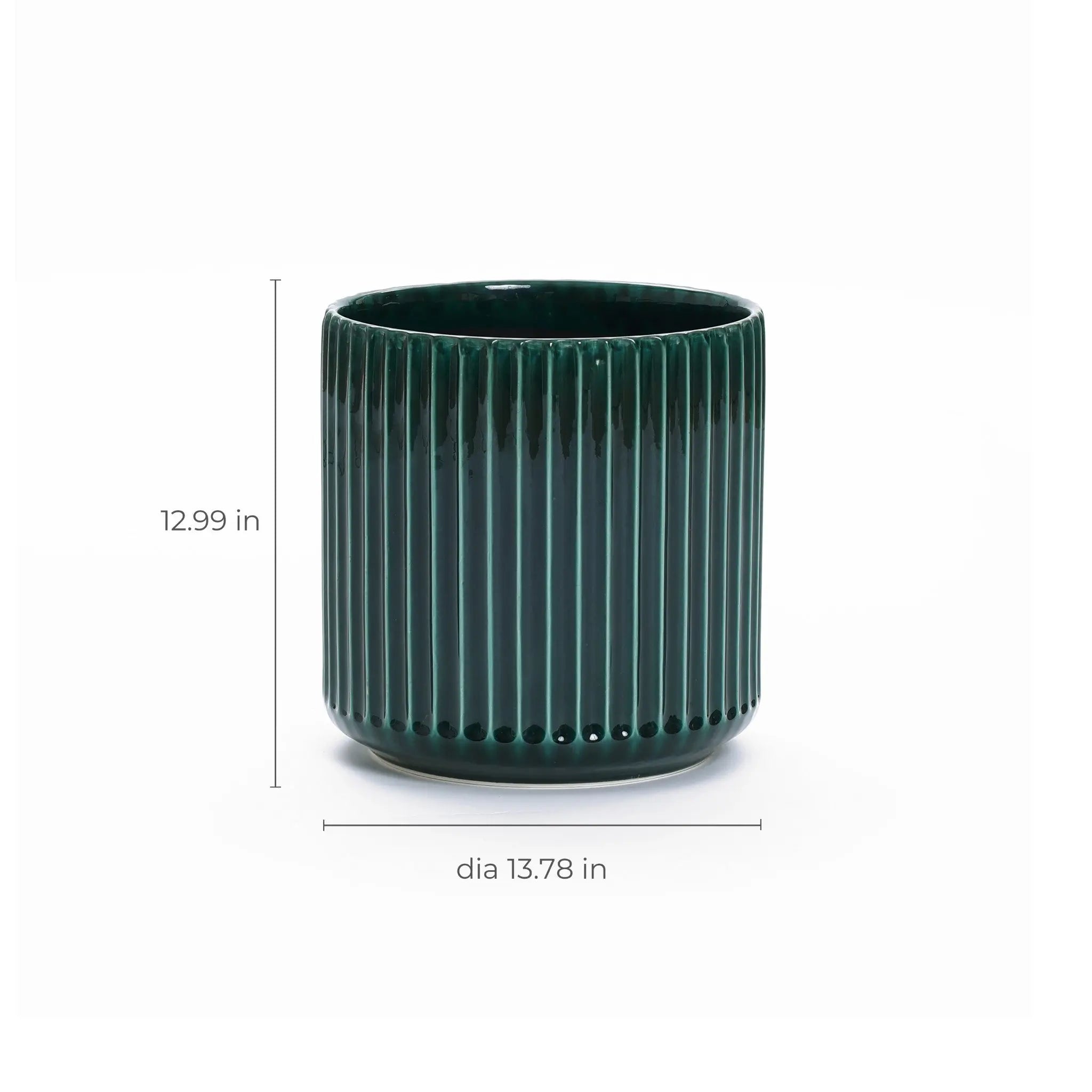 The Jade green ribbed glazed round ceramic planter by LuxenHome features a 13 height and a modern translucent green hue, adding charm to any space with its elegant cylindrical design.