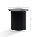 A modern-style black cylindrical table with decorative vertical grooves, this 15-inch-tall piece has a 15.7-inch diameter and a base width of 12 inches, making it the perfect black round side table for your space.
