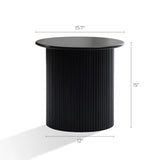 A modern-style black cylindrical table with decorative vertical grooves, this 15-inch-tall piece has a 15.7-inch diameter and a base width of 12 inches, making it the perfect black round side table for your space.