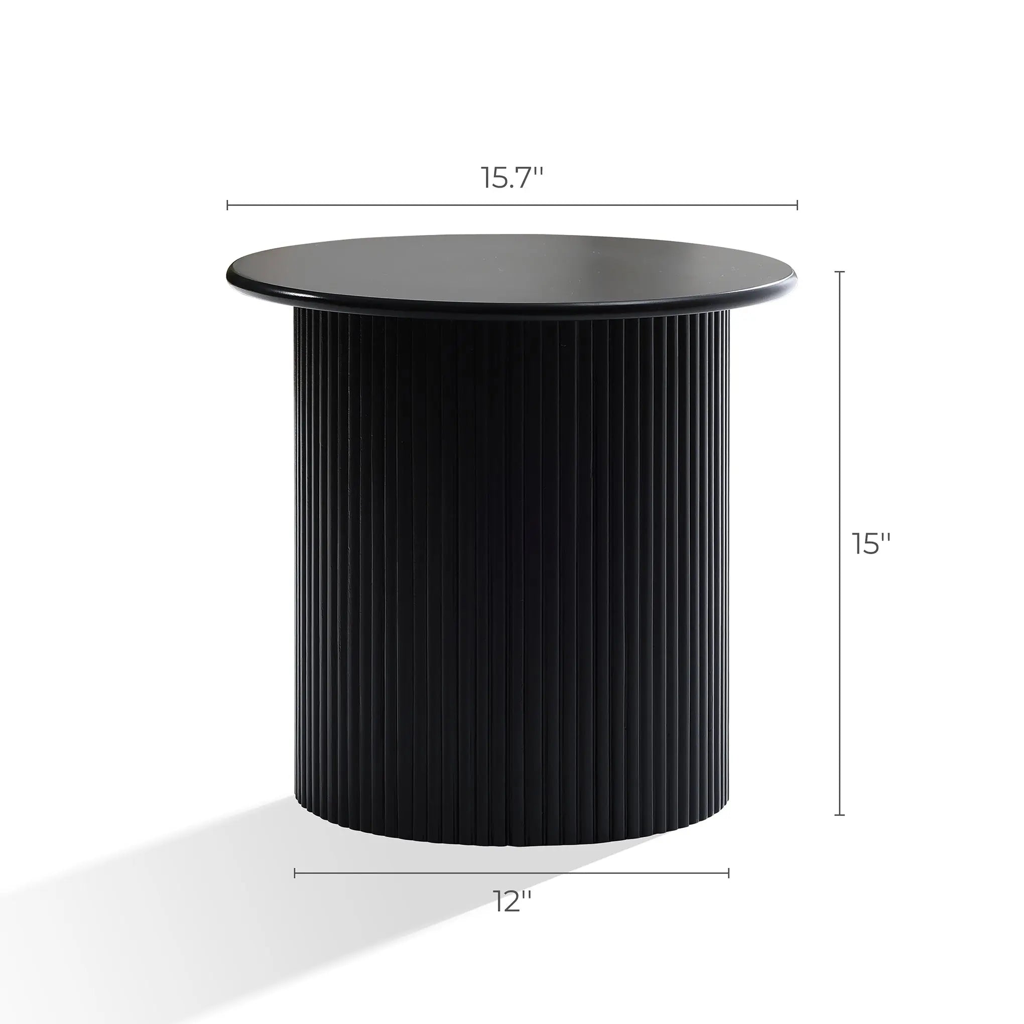 A modern-style black cylindrical table with decorative vertical grooves, this 15-inch-tall piece has a 15.7-inch diameter and a base width of 12 inches, making it the perfect black round side table for your space.