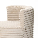 The Brie camel swivel barrel accent chair by LuxenHome features a cream-colored ribbed, curved backrest for a cozy contemporary look. The upholstered design, set against a white background, offers both style and comfort.
