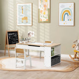Activity Children Table with Storage Bookcase and 2 Chairs Set displayed in a bright nursery room with beige walls, featuring built-in storage, paper clamps, and adjustable height. Wooden and white finish table set shown with a mini chalkboard easel, surrounded by colorful wall art and a rocking horse.