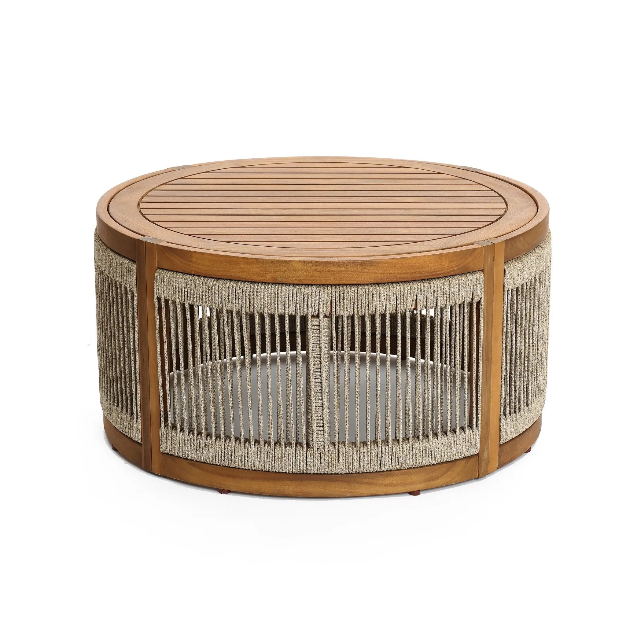 A round coffee table crafted from acacia wood features a slatted top and hand-woven rope sides, perfect for both indoor and outdoor use.