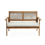 This modern minimalist wooden bench with armrests features a woven backrest design and a light gray cushioned seat, crafted from durable FSC-certified Acacia wood.