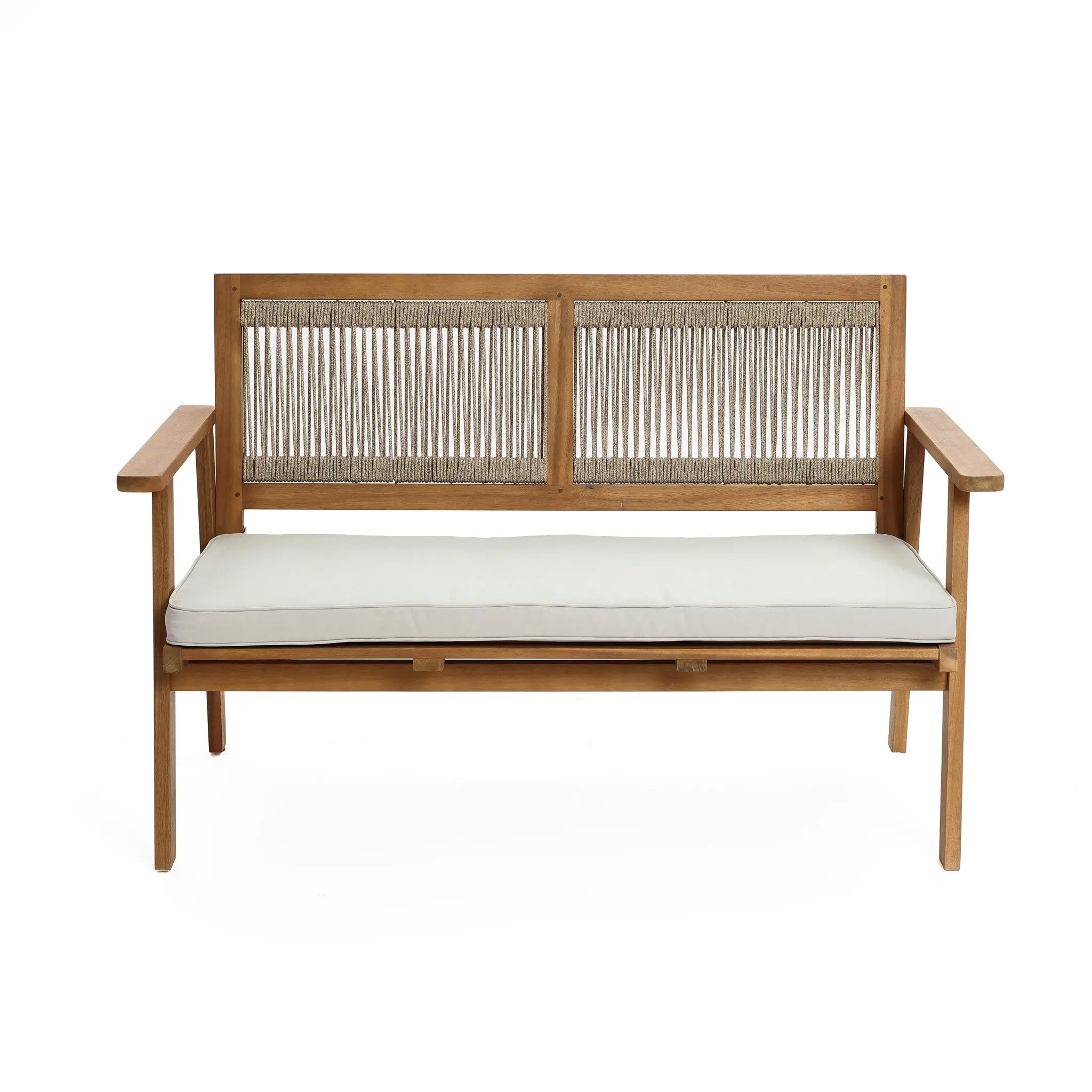 This modern minimalist wooden bench with armrests features a woven backrest design and a light gray cushioned seat, crafted from durable FSC-certified Acacia wood.