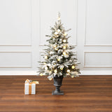 Pre-Lit Snow-Flocked Christmas Tree with Pot,4Ft
