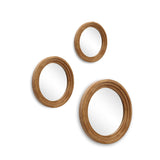 Three round mirrors with rubberwood frames are arranged on a white wall, creating an optical illusion of expanded space.